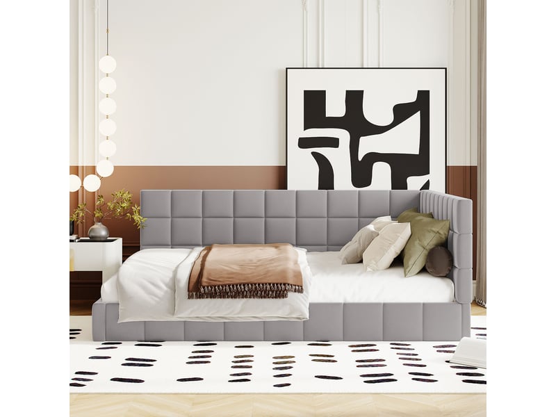  Lit capitonné et canapé-lit 140x200 cm multifonctionnel en velours, gris, avec lattes, sans matelas  - Conforama D