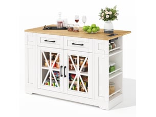 Desserte de cuisine 120 x 65 x 92 cm blanche et naturelle en mdf, tablette rabattable et prises intégrées