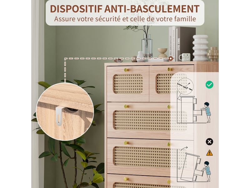  Commode 5 tiroirs - 60x34x91cm - commode en rotin tressé avec boutons dorés &amp; dispositif anti-basculement - chêne clair  - Conforama D