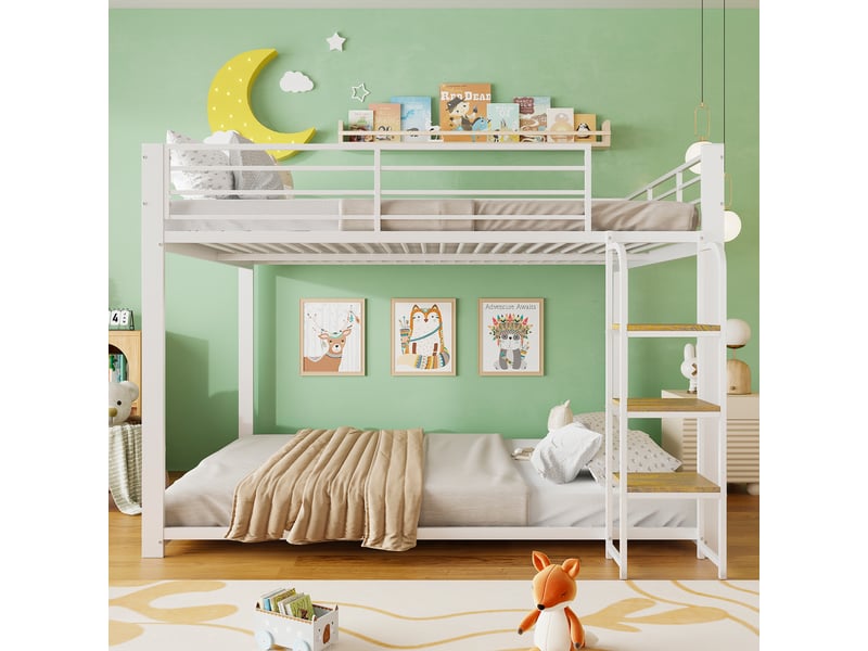  Lit superposé 140x200 cm, structure en métal et bois, coloris blanc, escalier sécurisé, garde-corps, structure silencieuse, cadre fonctionnel  - Conforama B