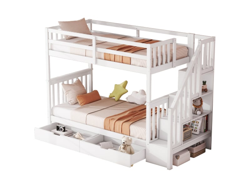  Lit superposé 90x200 cm, étagère d'escalier, équipé de deux tiroirs, barrières de sécurité hautes, sans matelas, blanc  - Conforama A