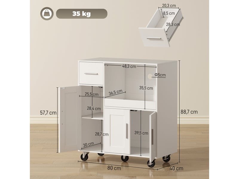  Desserte cuisine à roulettes 80 x 40 x 88,7 cm plateau coulissant gain de rangement contemporain pratique en mdf blanc 21_0003361  - Conforama B