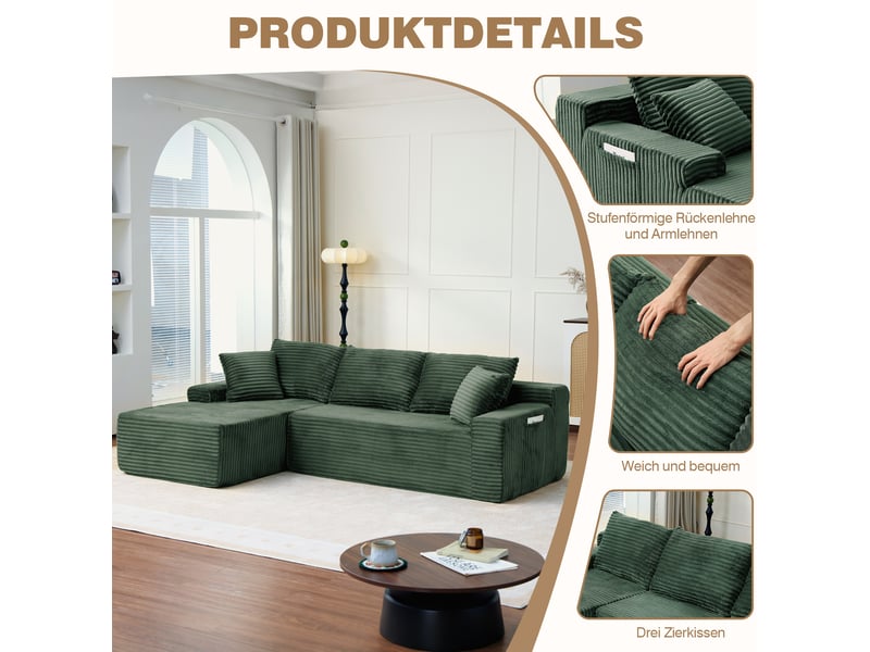 Canapé d'angle modulable gauche compressé 4 places, pour salon, élégant, pratique, en mousse et velours côtelé, vert - Conforama E