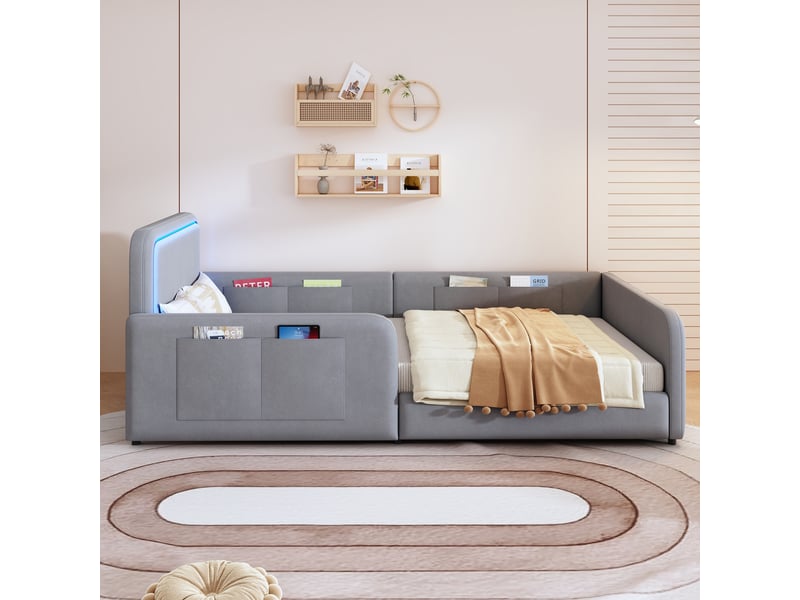  Lit enfant 90x200 cm rembourré avec led pilotable par application, lit simple avec tête de lit éclairée et poches latérales, gris OPULERANE TRADING LTD - Conforama B