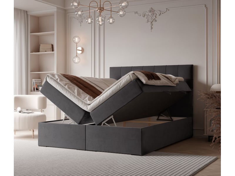 Lit adulte imperial - 160x200 cm - matelas ressorts + surmatelas - coffre de rangement - velours dense hydrofuge gris IMPERIAL - Conforama C