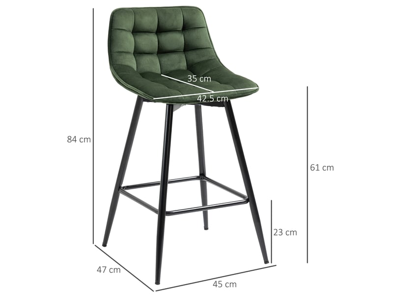  Ensemble de 2 tabourets de bar style nordique en métal et velours avec dossier et repose-pieds, vert, 45 x 47 x 84 cm  - Conforama E