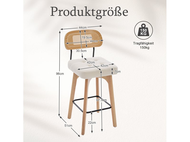  Lot de 2 tabourets de bar pivotants 360° en tissu beige, dossier en paille, style mid-century et confort  - Conforama C