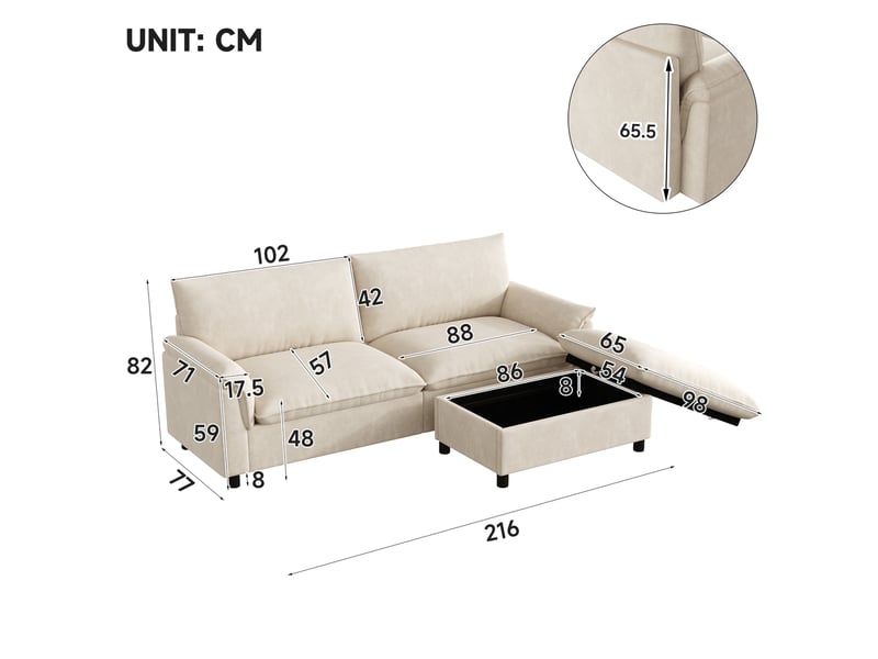  Canapé modulable 3 places 216x77x82 cm avec pouf de rangement beige  - Conforama C