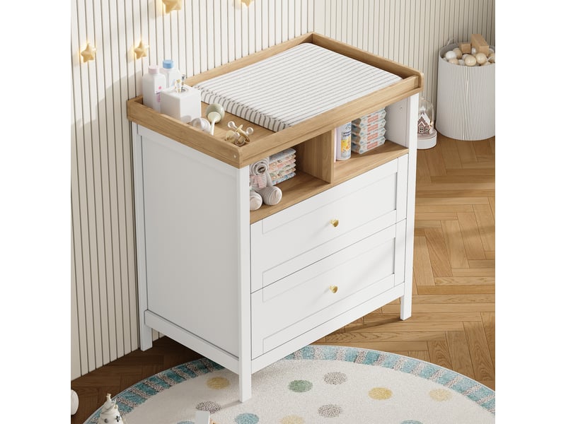  Table à langer avec commode, plateau amovible, tiroirs et niches, 82 x 50 x 90 cm, mdf blanc et naturel  - Conforama R