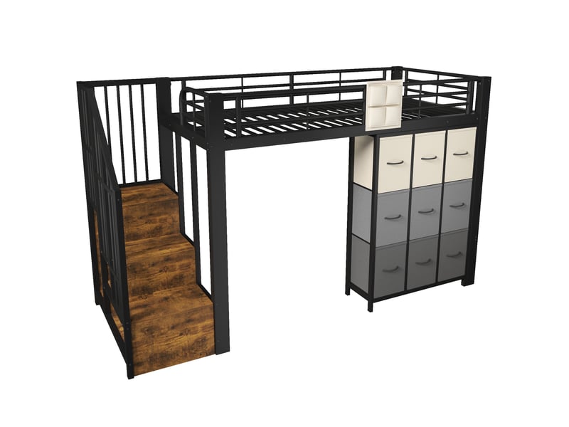  Lit mezzanine 90x200 cm en métal et mdf avec tiroirs, penderie et escalier de rangement noir et blanc chicfurn  - Conforama A