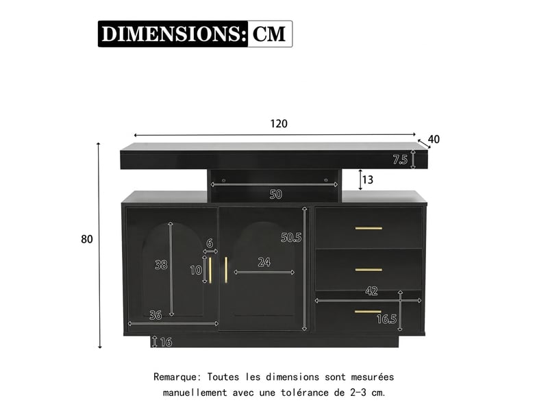 Buffet noir brillant 120 cm avec led rgb - meuble de rangement salon et cuisine - Conforama C