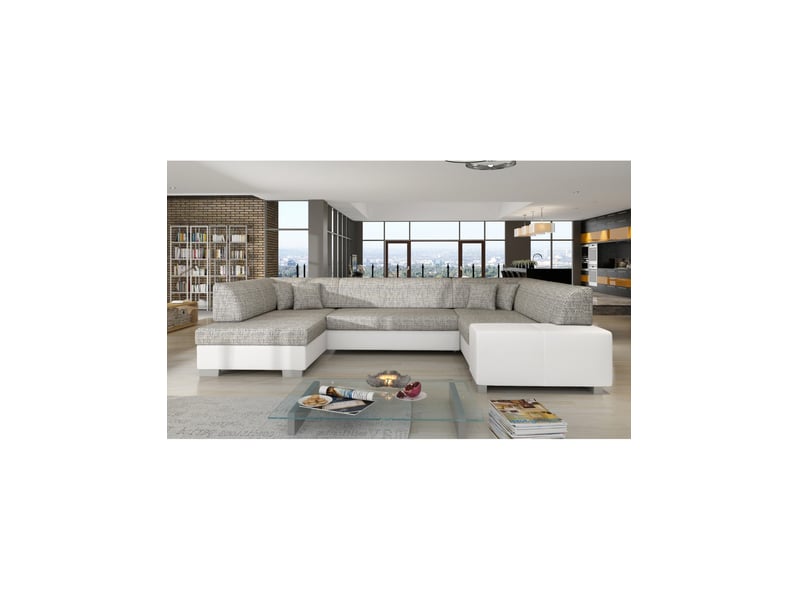 Canapé panoramique en u gris & blanc convertible 6 places havane avec coffre à literie - Conforama B