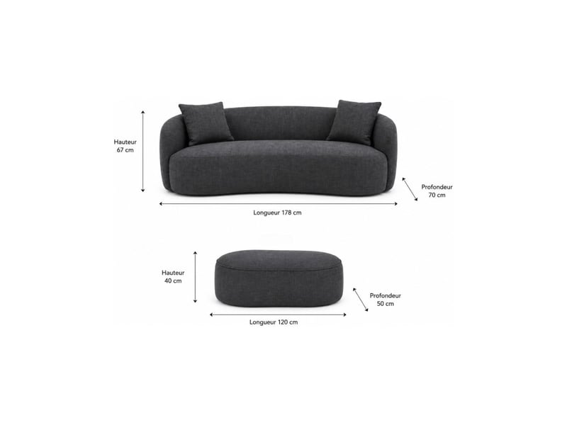  Canapé nyjy avec pouf coffre en velours – gris graphite – 178 x 67 x 120 cm  - Conforama C