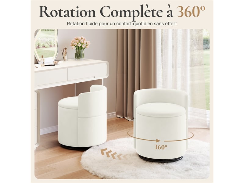  Chaise tabouret de coiffeuse pivotant à 360° en velours avec coffre de 40 l et dossier ergonomique 594025 White - Conforama R