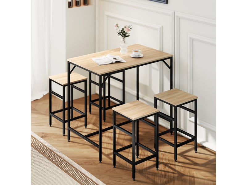  Ensemble table et tabourets de bar, table haute avec 4 tabourets, ensemble de table 5 pièces, acier et chêne  - Conforama D