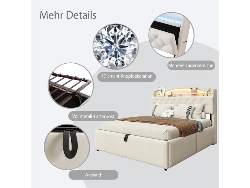  Lit capitonné 180*200 cm beige, coffre hydraulique, led, usb-c, tête avec rangements et cadre métal stable  - Conforama D