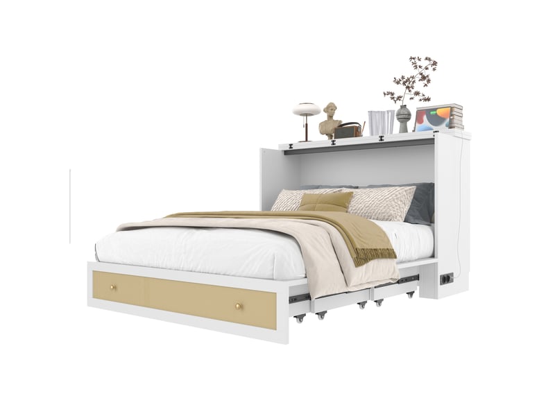  Lit escamotable mobile 140x200 cm avec tiroirs de rangement au pied, étagère en tête de lit, ports usb et prise électrique, pin et mdf, blanc  - Conforama A