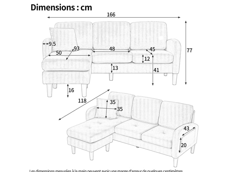  Canapé d'angle 3 places modulable vert en velours côtelé 166 x 118 x 77 cm  - Conforama E