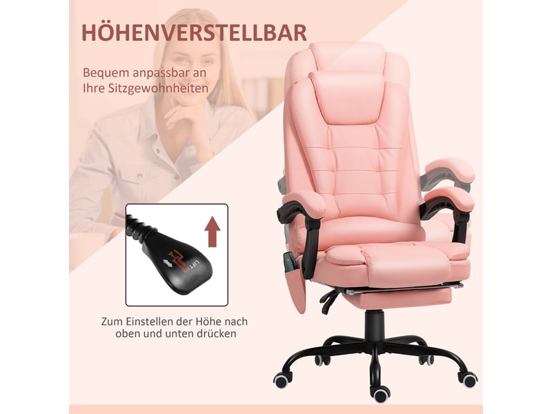  Fauteuil de bureau ergonomique - fauteuil de bureau inclinable avec massage chauffant et télécommande, réglable en hauteur, similicuir rose, 67×67×121 cm  - Conforama D