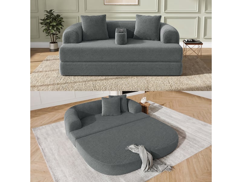  Canapé 2 places en velours côtelé, convertible en lounge, sans montage, accoudoir amovible avec porte-gobelets  - Conforama D