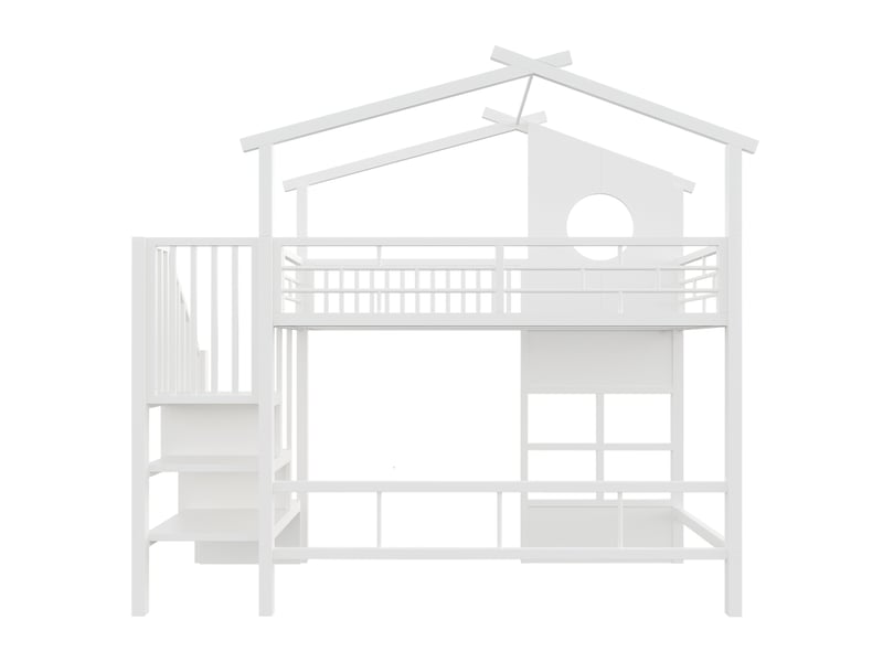  Lit mezzanine 90x200 cm blanc en métal avec escalier rangement, led et barrières  - Conforama D