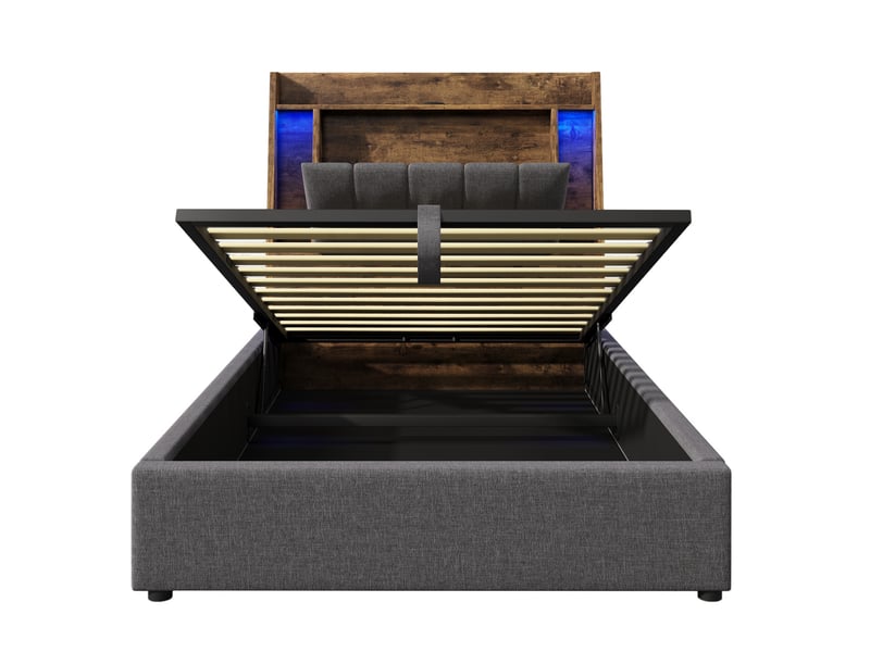 Lit enfant coffre 90 x 200 cm tête rangement pliable led multicolore ports usb‑c linmdf gris sans matelas - Conforama A