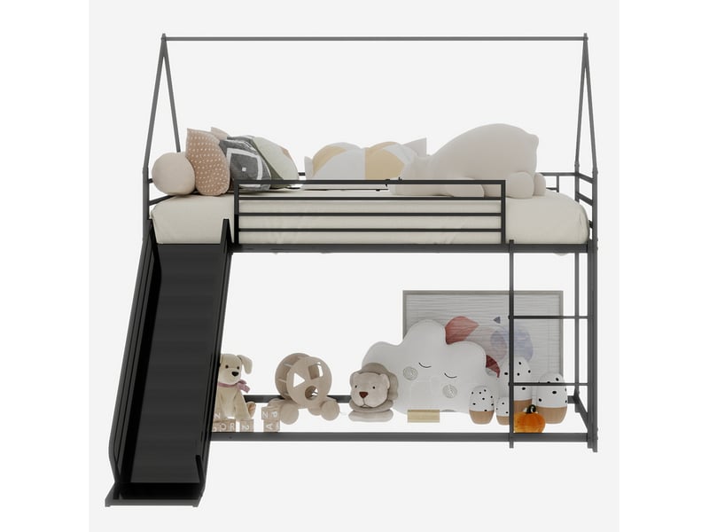  Lit superposé enfants 90x190cm maison avec toboggan garde-corps solide métal 1 sommier noir sans matelas  - Conforama A