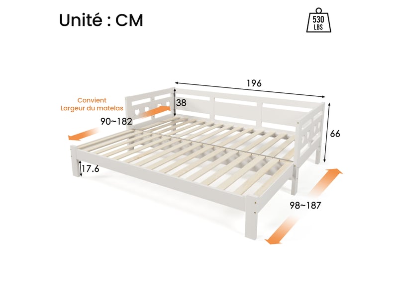  Lit gigogne 2 places en bois blanc avec couchage extensible et motif cœur, 90×190 cm, sans matelas  - Conforama D