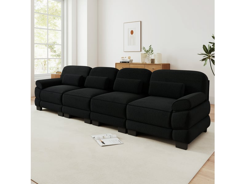  Canapé droit modulable 4 places 336x 88,5x 94 cm, velours côtelé, coussins lombaires, structure stable, noir  - Conforama A