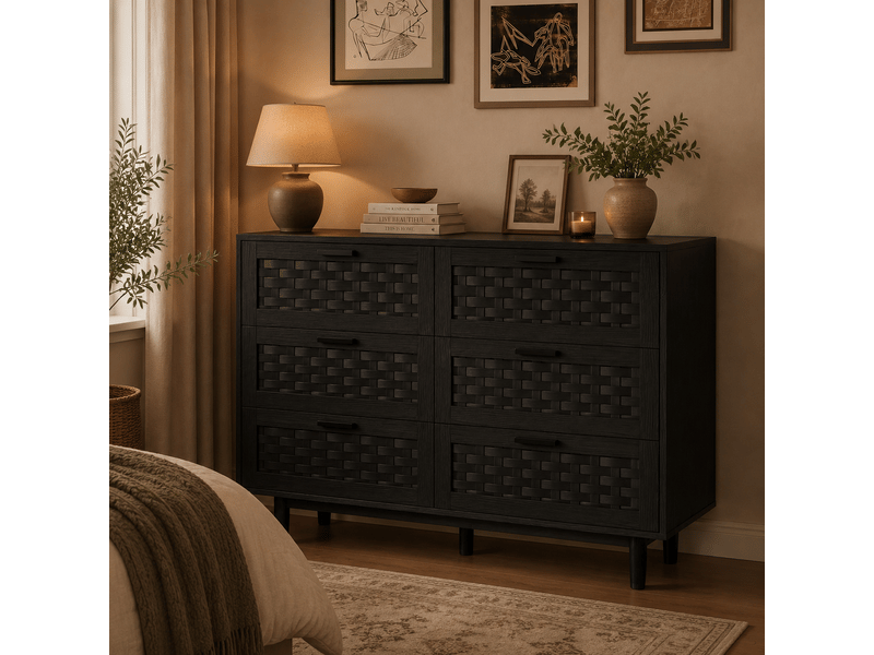  Commode chambre, commode 6 tiroirs rotin, commode bois massif, applicable organisez facilement soin cosmétiques bijoux et autres articles, noir  - Conforama D