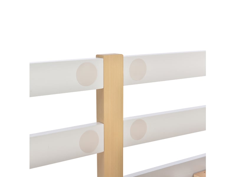  Lit superposé enfant 90x200 cm – blanc et bois naturel – escalier avec rangements et tableau, sans matelas  - Conforama E