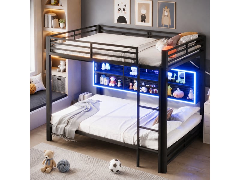  Lit superposé 140x200 cm en métal noir avec rangements et éclairage led  - Conforama B