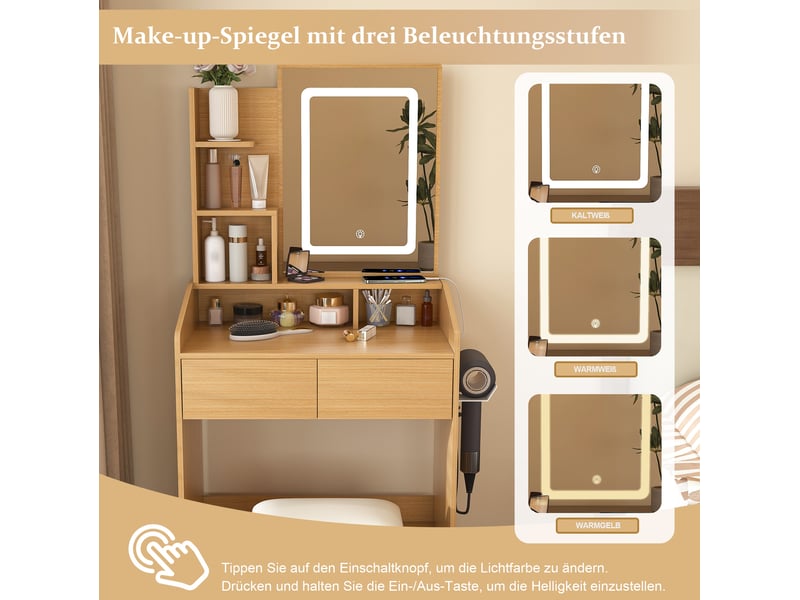  Coiffeuse avec miroir led 60x36x130 cm, prises, rangement, meuble de chambre, 2 tiroirs, tabouret, mdf, couleur naturel  - Conforama E