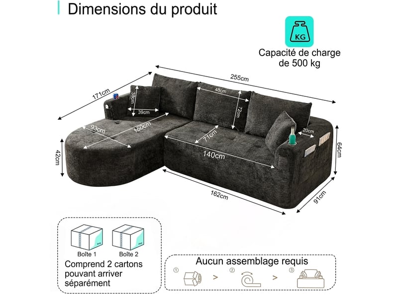  Canapé d'angle en l sans montage 255 x 170 cm noir avec porte-gobelet inox et rangements  - Conforama C
