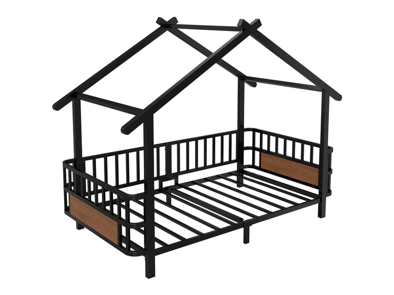 Lit cabane enfant 90x200 cm - barrières de sécurité - structure en métal - design maison - lit 1 place - noir - Conforama W