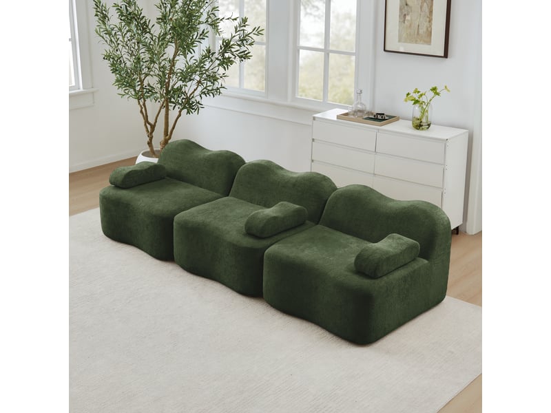 Canapé modulaire 3 places sans armature avec assise profonde et dossier ergonomique, en velours vert - Conforama C