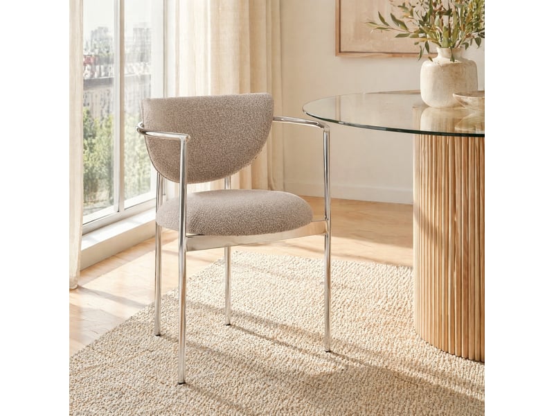  Fauteuil de salle à manger avec accoudoirs et dossier boucle  - structure en acier inoxydable, tissu beige kaki clair  - Conforama C