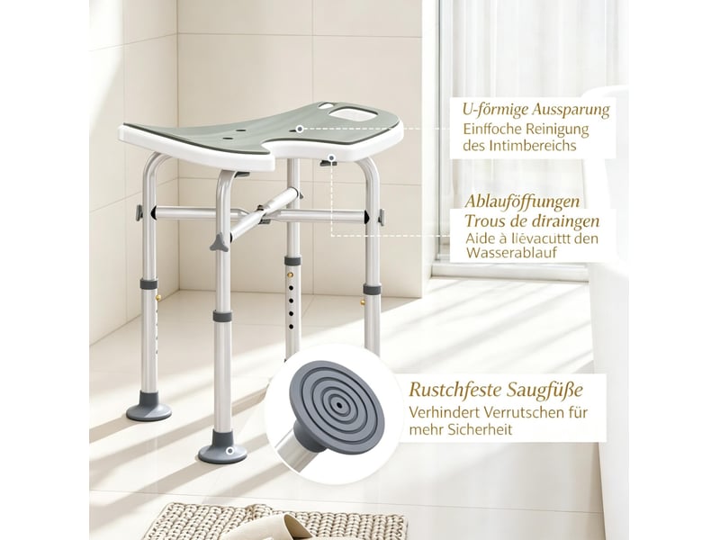  Tabouret de douche réglable 48,5 x 33 cm gris, aluminium avec barre d'appui à ventouse et siège en u  - Conforama B