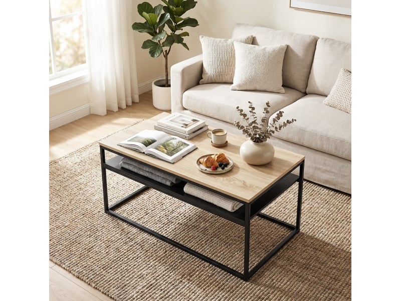  Table basse à 2 niveaux 100 x 59,8 x 47 cm, panneau de particules, chêne et métal  - Conforama D