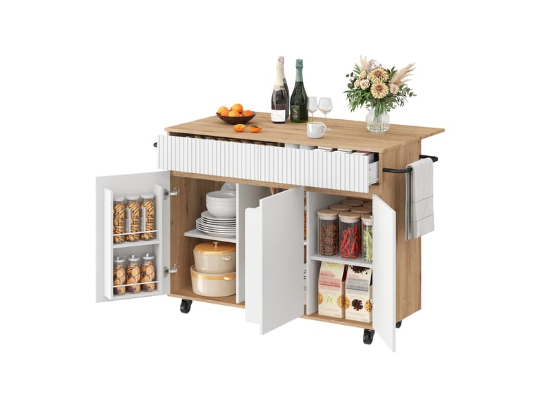  Îlot de cuisine mobile avec plateau rabattable, blanc et bois, 120 x 65 x 91 cm  - Conforama A