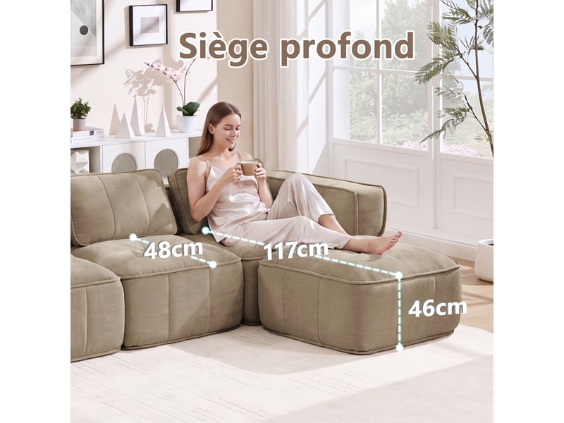 Canapé modulable d’angle en l 4 places en polyester sable, 344 x 162 x 67 cm, sans montage, mousse haute densité 32d, assise profonde, avec pouf Luxe haut de gamme - Conforama D