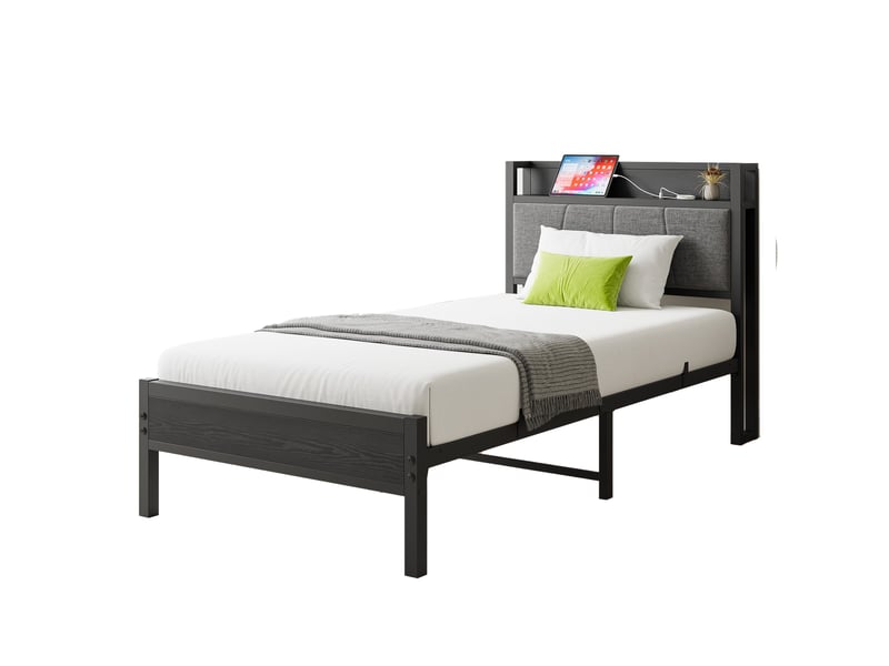 Lit simple 90x200 cm - tête de lit rembourrée avec 2 ports usb - structure métal robuste - hauteur sous sommier 27 cm - noir  - Conforama B