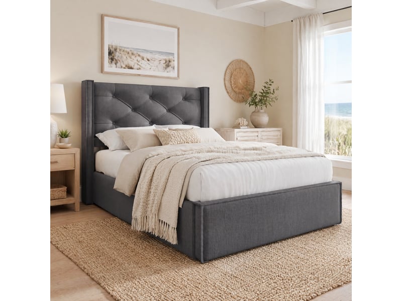  Lit coffre simple 90x200 cm avec sommier relevable, tissu coton gris  - Conforama D