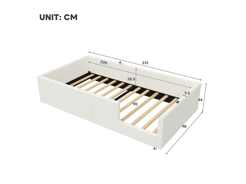  Lit enfant simple 90x200 cm, station recharge usb + type-c, barrière protection, mdf + pu, blanc sans matelas  - Conforama C