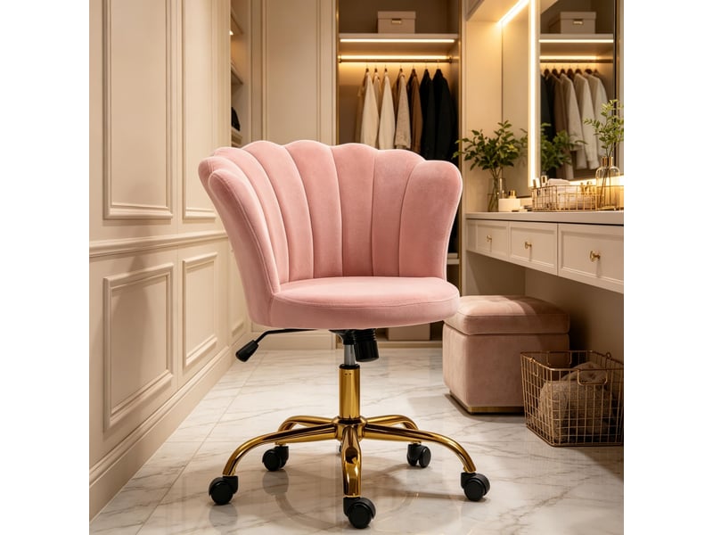  Fauteuil de bureau rose en velours, dossier floral réglable 48–58 cm  - Conforama C