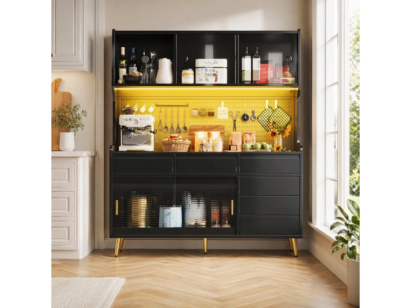 Buffet haut 145 x 39 x 171 cm avec led connectée et portes coulissantes, noir - Conforama B