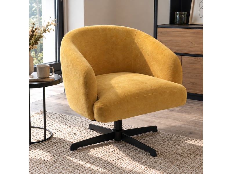 Chaise de bureau fauteuil pivotant réglable en tissu bouclé moutarde avec piètement en métal noir - longueur 67 x profondeur 63 x hauteur 66-76 cm - Conforama B