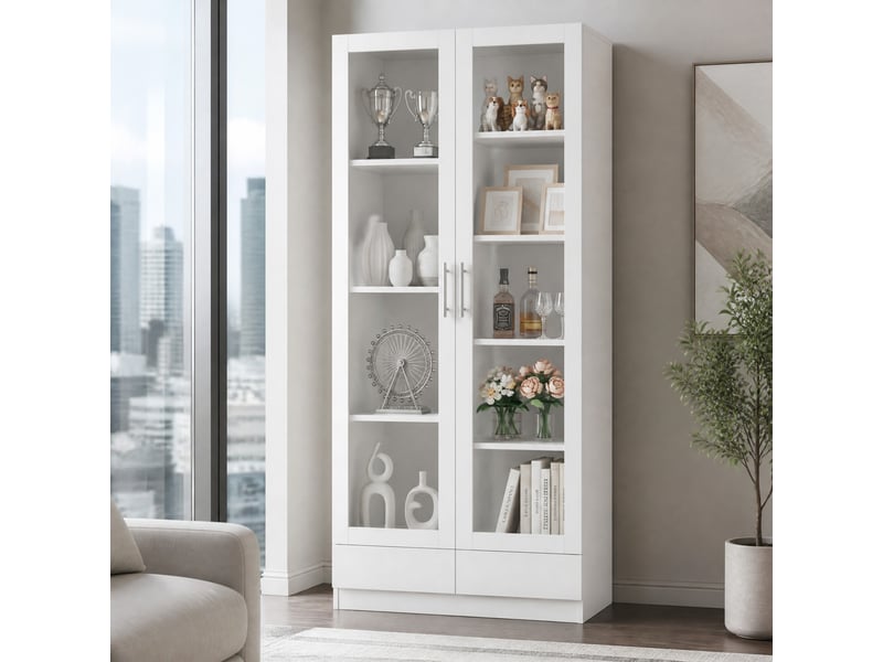  Armoire vitrée de rangement 80x40x160 cm, 2 tiroirs ouverture par pression, anti-basculement, mdf verre, blanc  - Conforama B