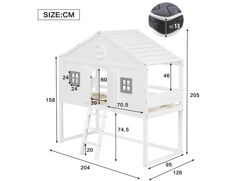  Lit mezzanine enfant 90x200 cm avec escalier et garde-corps, coloris blanc et gris  - Conforama C