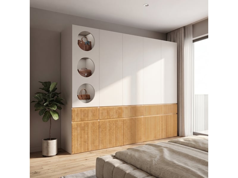 Armoire de chambre chêne clair 225x200 cm avec 10 portes battantes, 3 tiroirs et 2 penderies - Conforama E